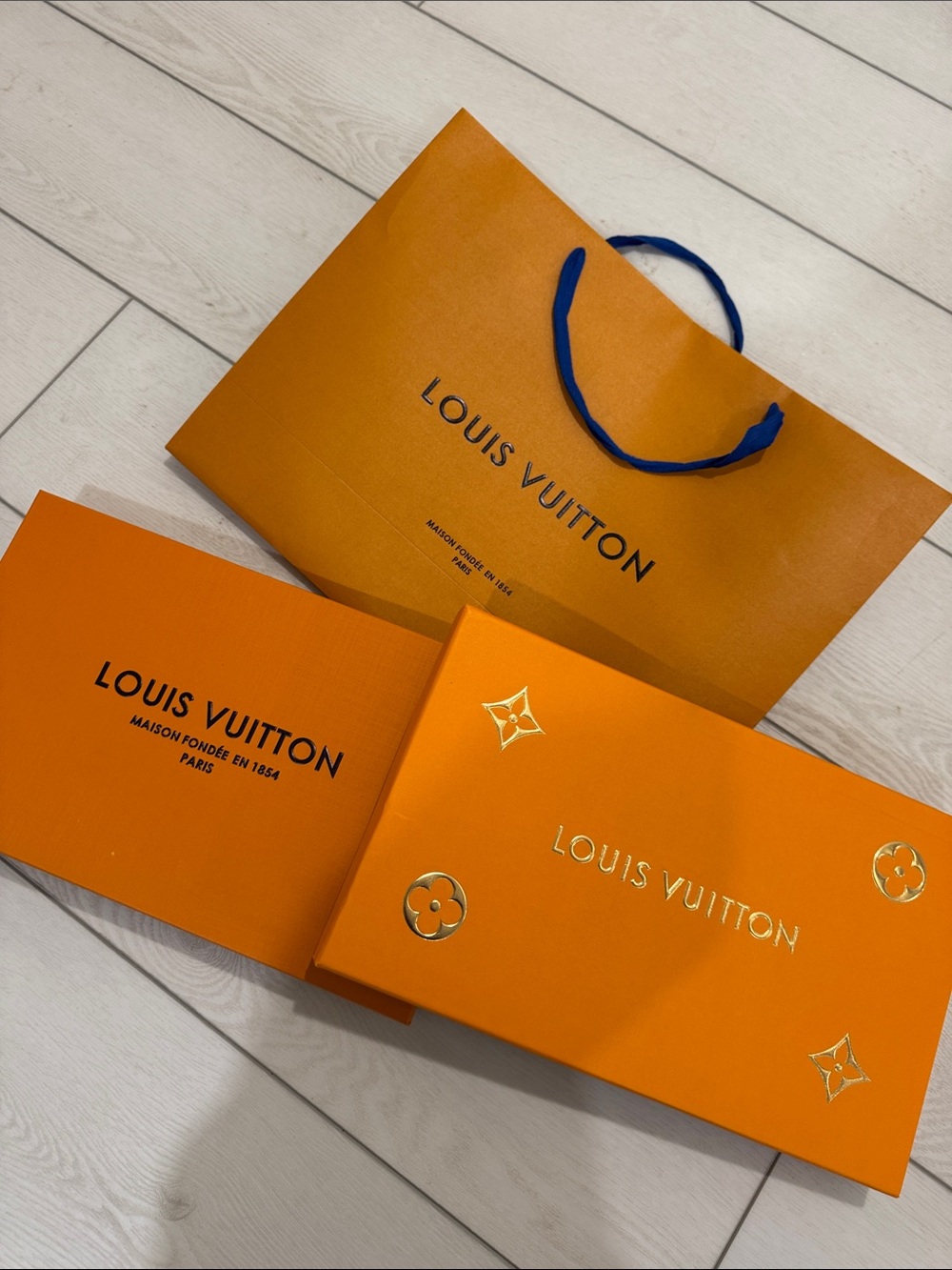 Louis Vuitton Orange Boxes with Blue-Handle Shopping Bag